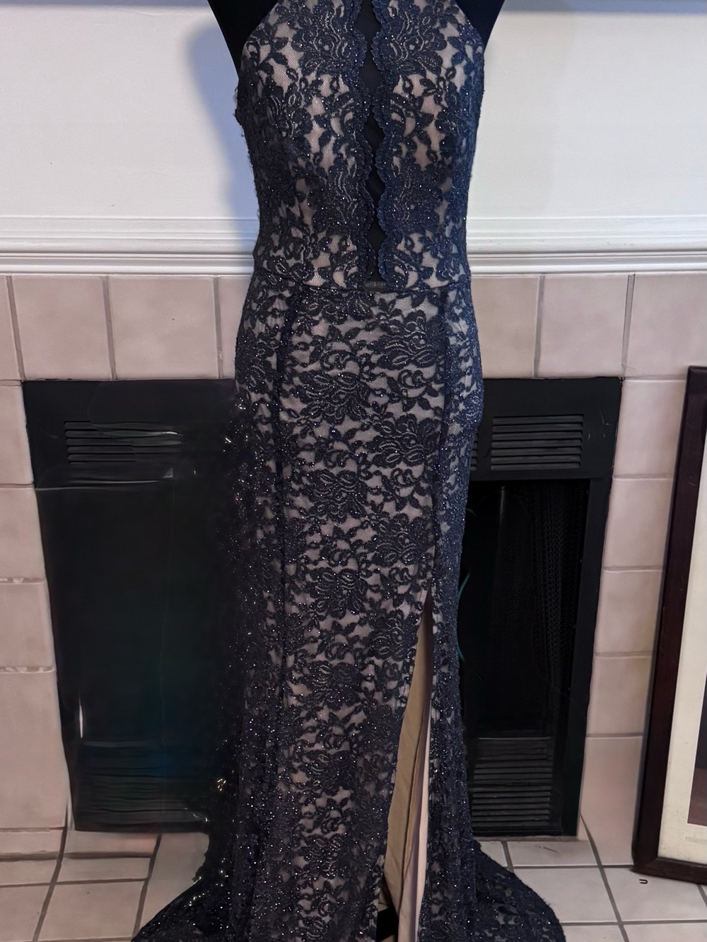 Teeze Me Gray Illusion Sparkling Lace Dress with Cream Underlay & Halter Bodice